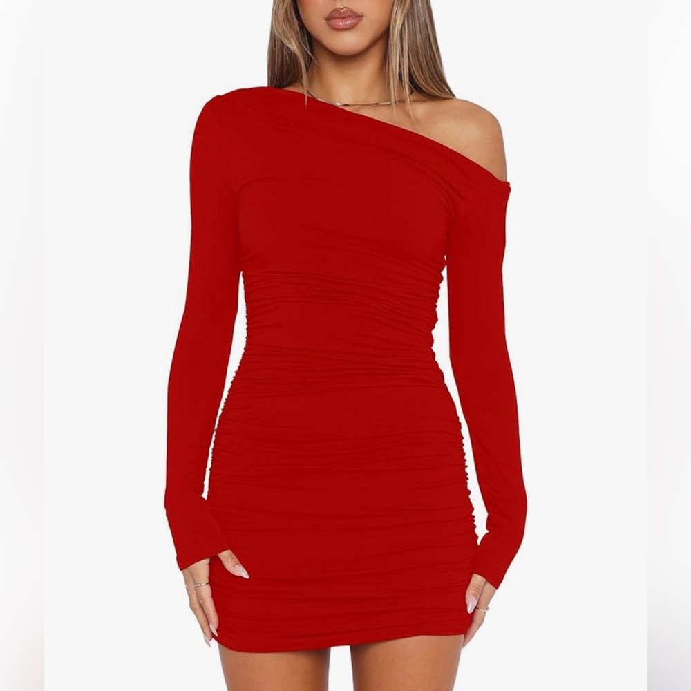 Red Long Sleeve Off The Shoulder Cocktail Mini Dress - Picture 6 of 6